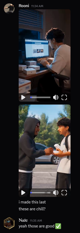 Discord messages showing a user sharing two AI videos they made